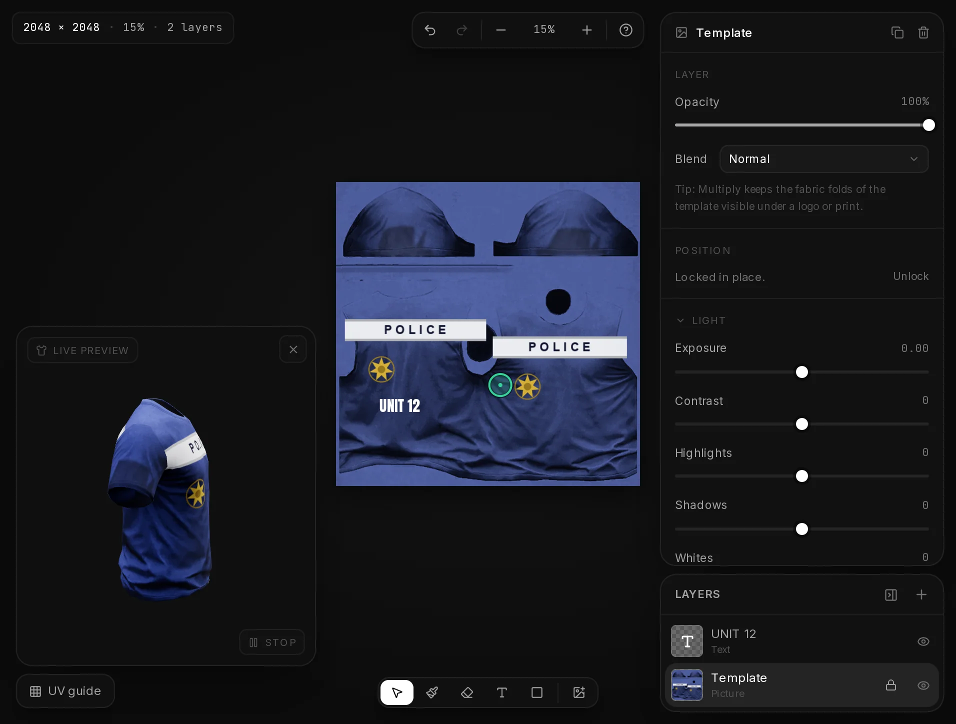 The Template layer selected in the EUP Maker editor with its Light and Color sliders; the Hue slider turned the shirt from blue to purple.