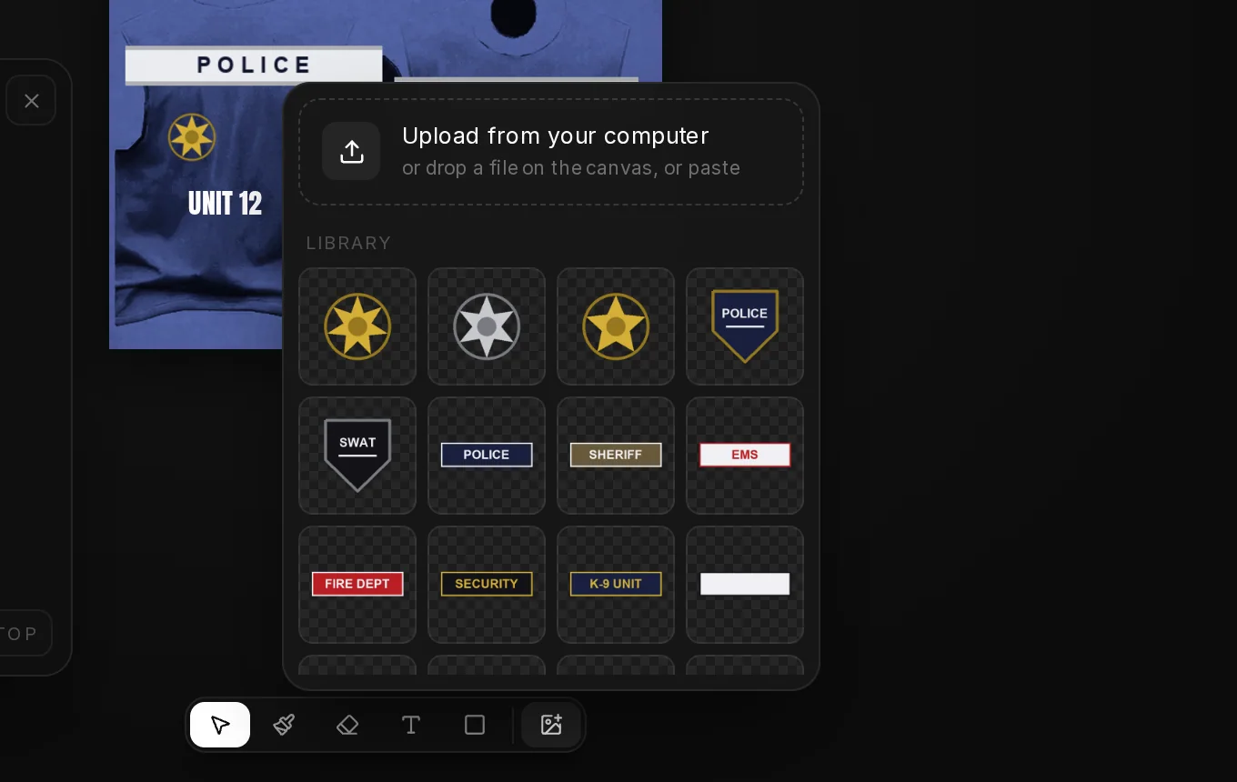 The Add an image menu of the EUP Maker editor: upload from your computer, or pick a badge, star or name tape from the library.