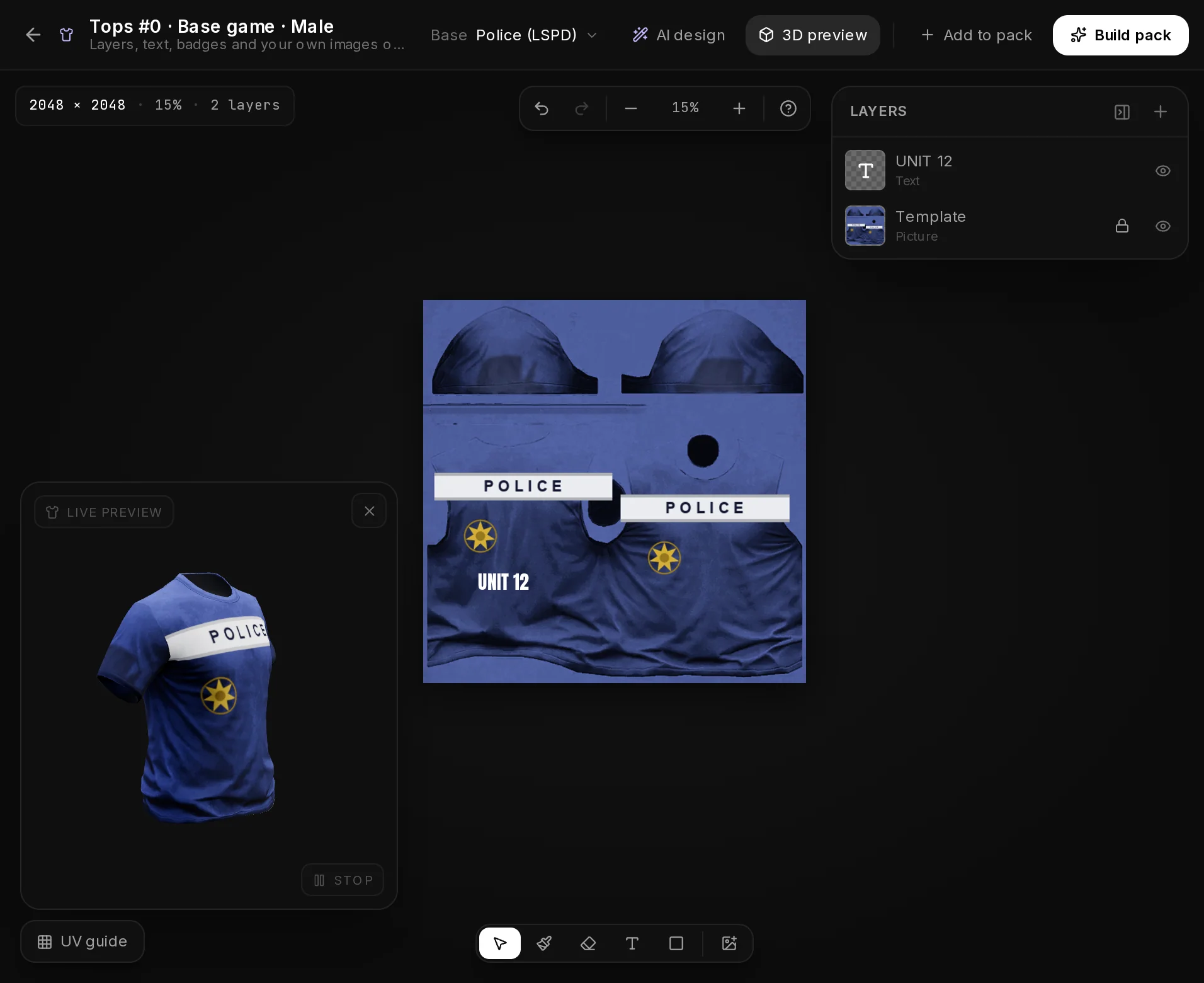 The EUP Maker editor: the texture of a police shirt in the middle, tools at the bottom, layers on the right, the 3D preview bottom left and the pack actions in the header.