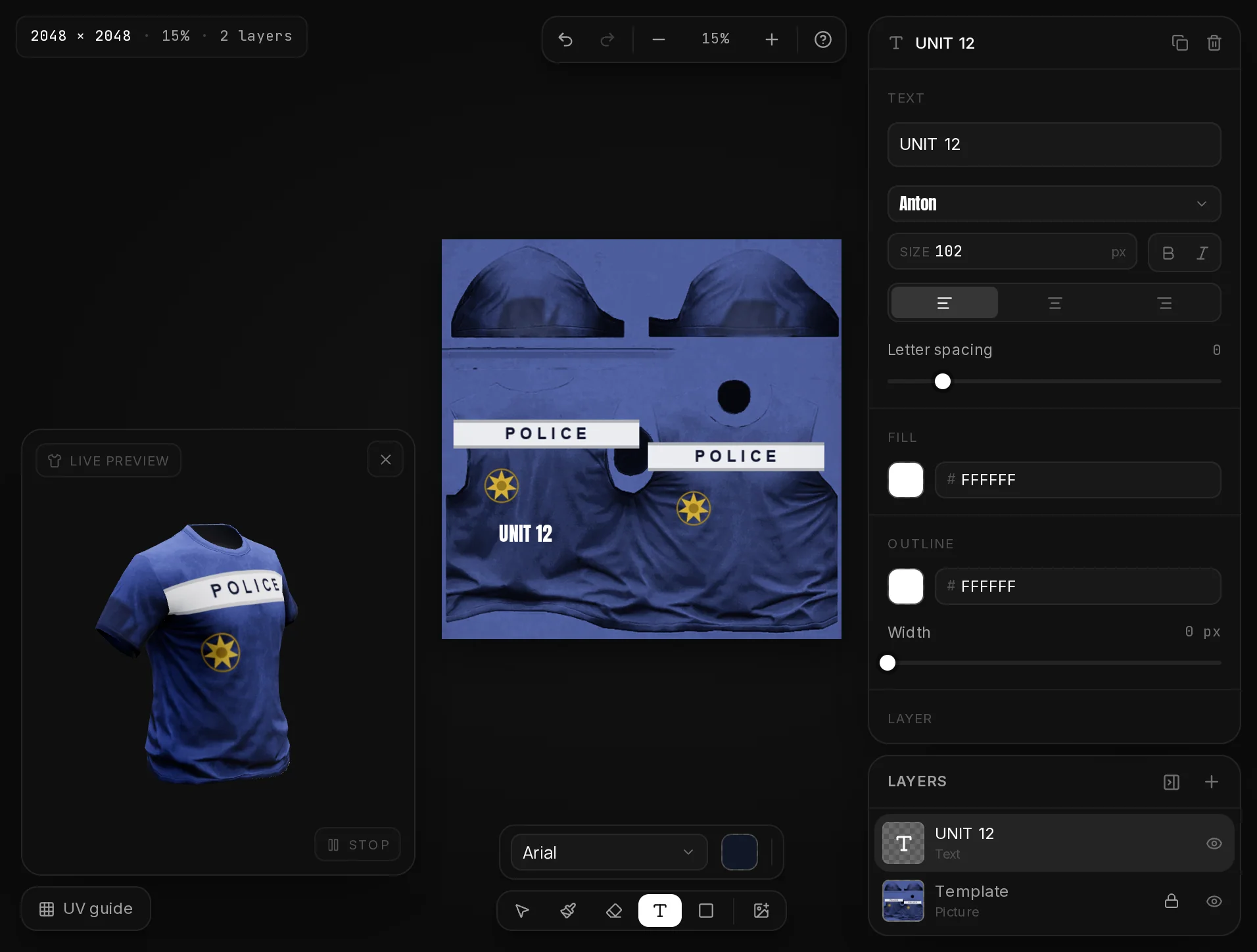 A white "UNIT 12" text layer on the back of a police shirt in the EUP Maker editor, with the text settings panel on the right.