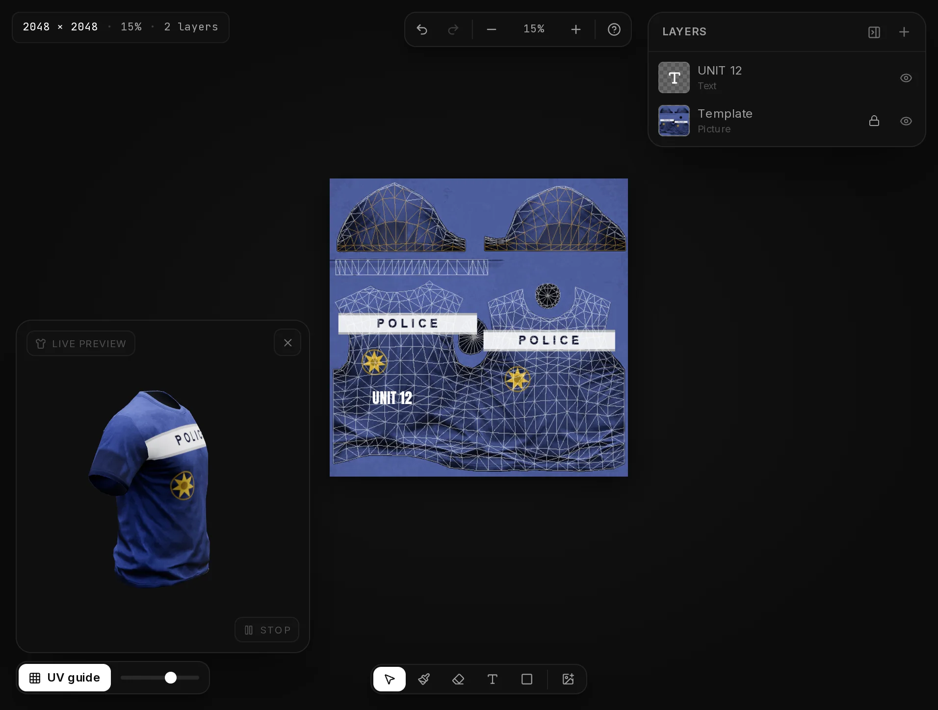 The UV guide switched on over the texture in the EUP Maker editor, outlining the front, back and sleeves of the shirt.