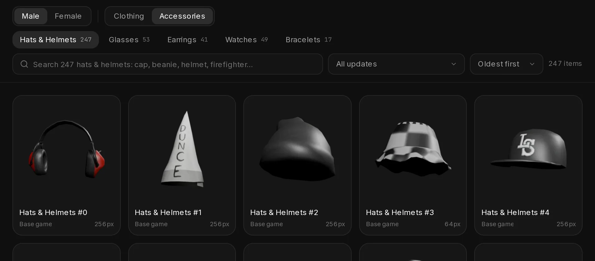 The Accessories tabs of the EUP Maker gallery: hats and helmets, glasses, earrings, watches and bracelets.