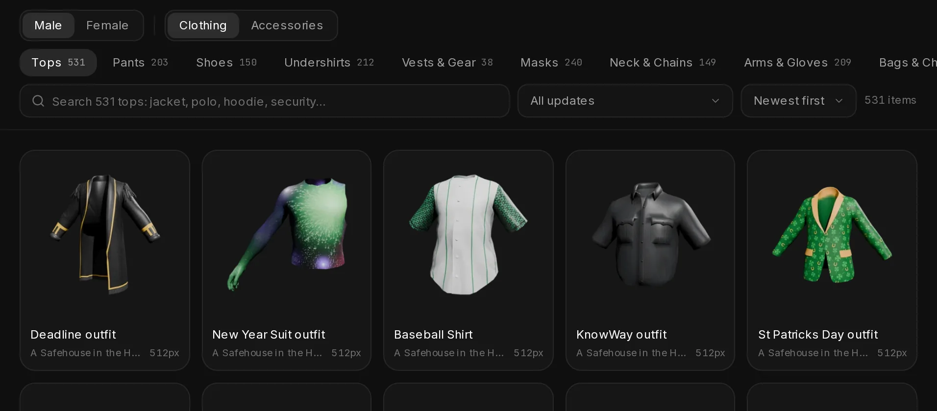 The EUP Maker gallery with its toolbar: gender, clothing or accessories, slot tabs, search, update filter and sort order above a grid of tops.