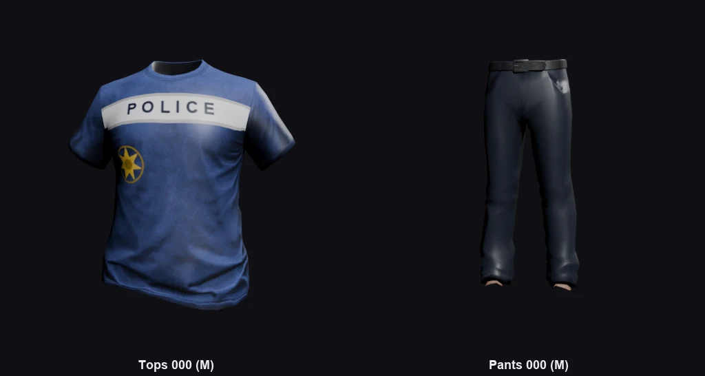 The catalog image from inside a built EUP Maker pack: the police T-shirt and the dark pants, each labelled with slot and number.