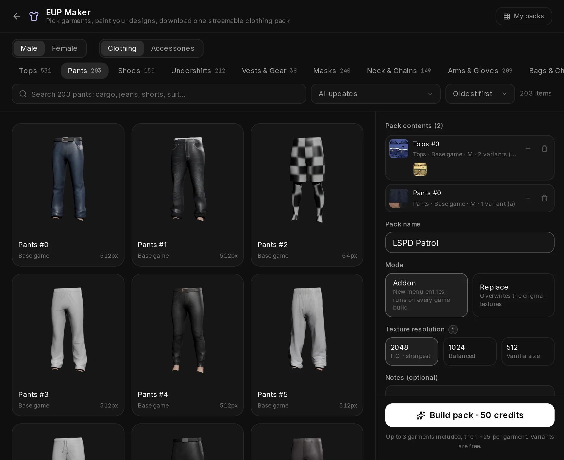 The pack sidebar of the EUP Maker gallery with two garments: a top with two variants and a pair of pants.