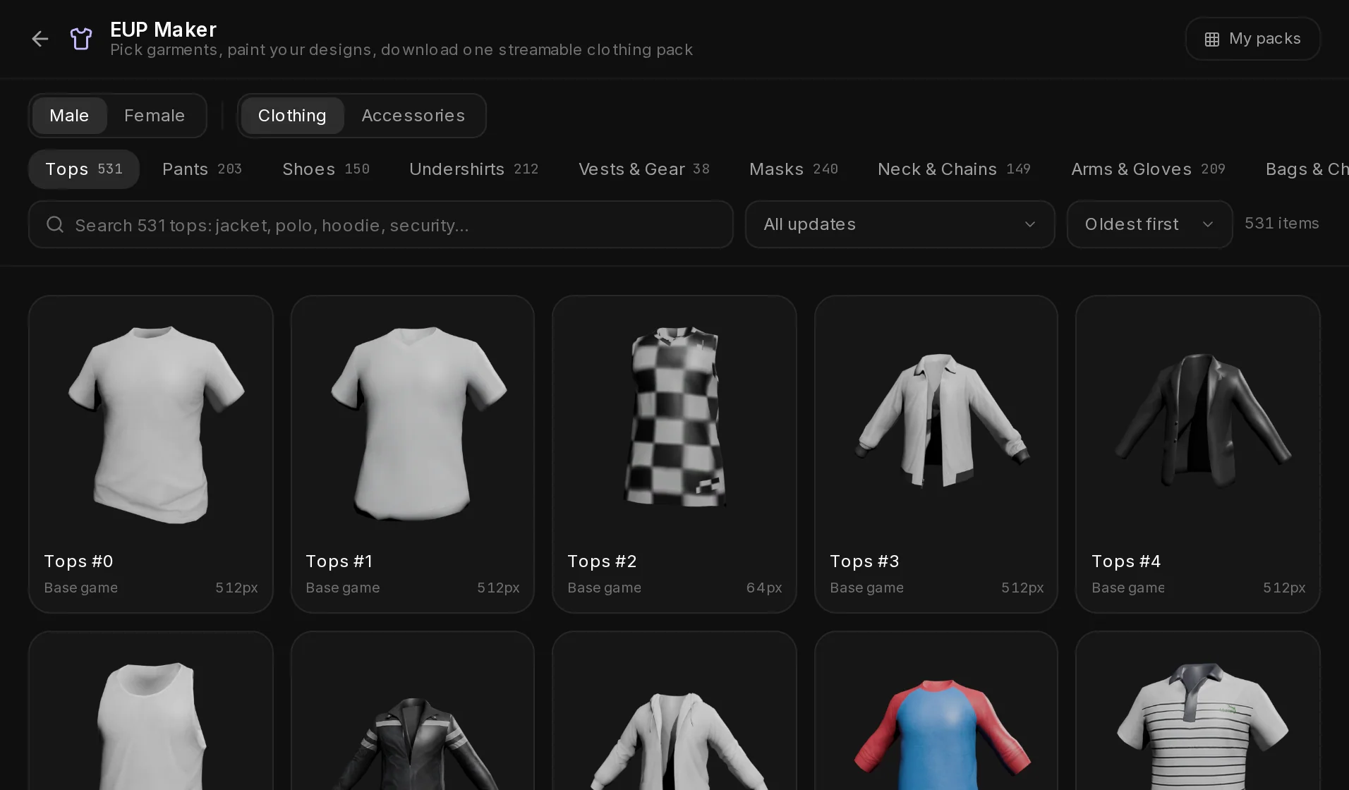 The EUP Maker gallery sorted oldest first, with the base game top "Tops #0" first in the grid.