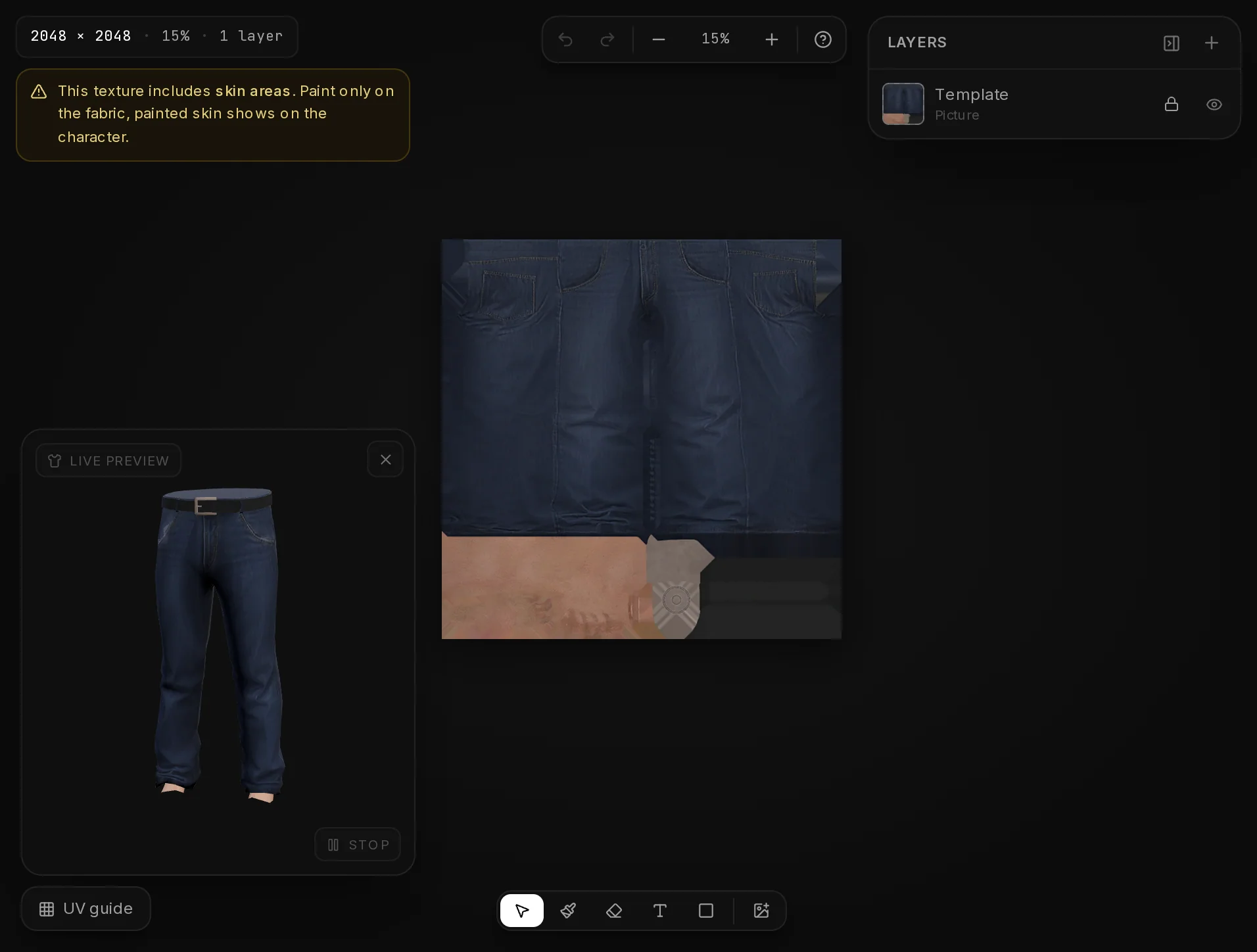 The skin areas warning at the top left of the EUP Maker editor on a pair of pants whose texture includes the legs.