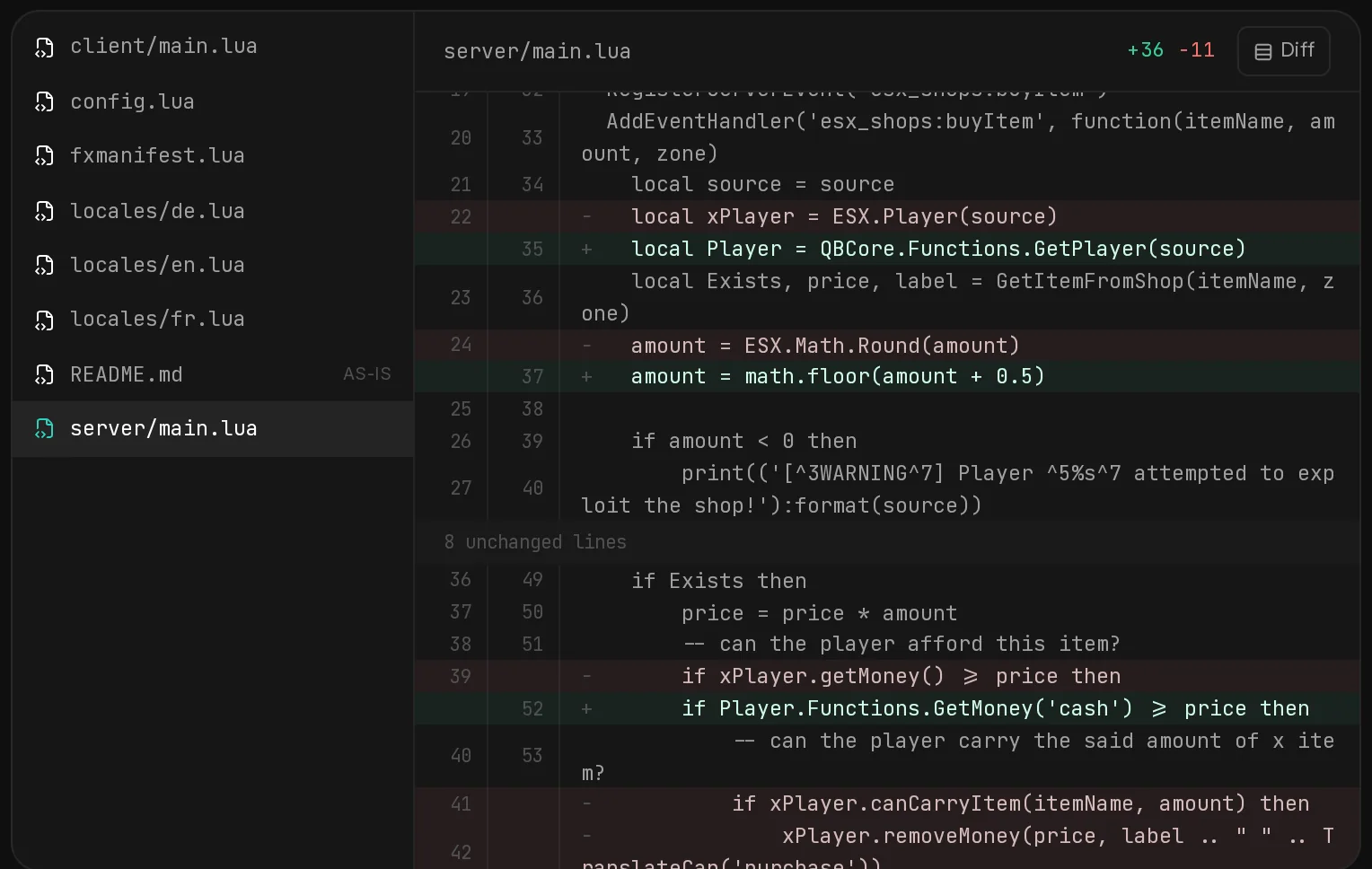 The Files tab with server/main.lua open: removed ESX lines in red, the QBCore lines that replace them in green, and folded unchanged lines.