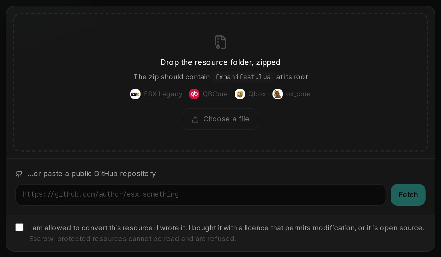 The Framework converter page: a drop zone for the zipped resource folder with the four framework logos, a field for a public GitHub repository and the rights checkbox.