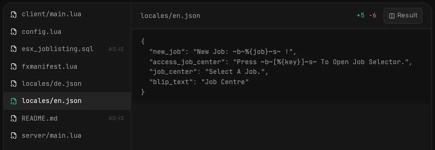 The Files tab of the Qbox conversion with locales/en.json open: the ESX Lua locale rewritten as a JSON file, next to the SQL file carried over as-is.