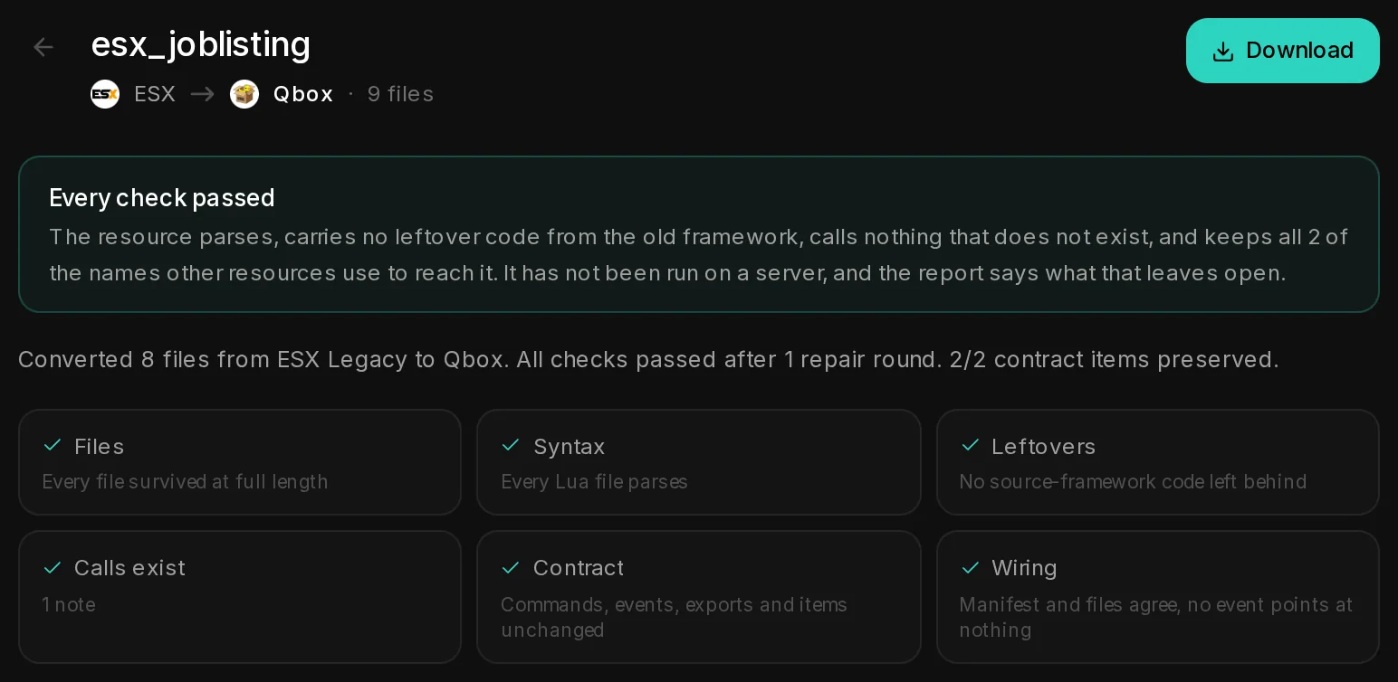 The result of converting esx_joblisting from ESX Legacy to Qbox: the verdict, the summary line and the six checks.