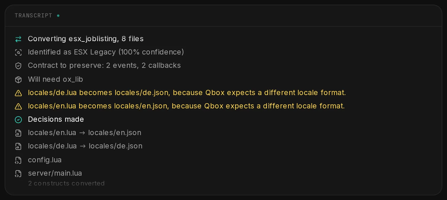 The transcript of a running conversion of esx_joblisting to Qbox: the framework it identified, the names to preserve, each construct with no equivalent, new dependencies and every file.