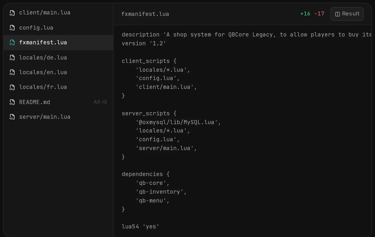 The converted fxmanifest.lua in the Result view: the script lists and dependencies qb-core, qb-inventory and qb-menu.