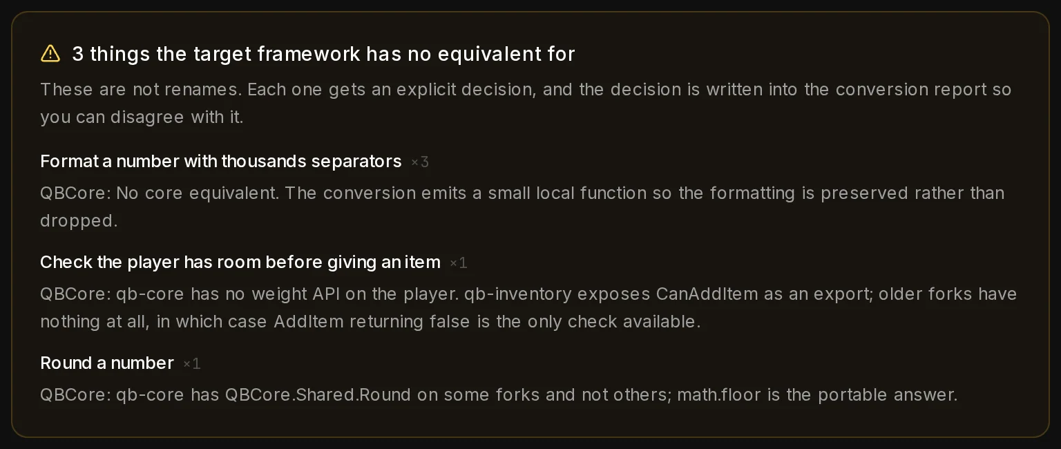 The amber panel listing three things QBCore has no equivalent for, each with the decision the conversion will take.