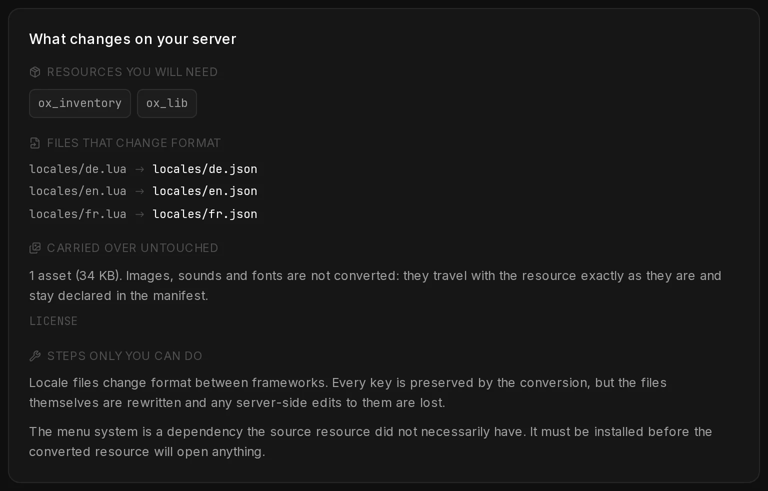 What changes on your server for the same resource with Qbox as target: ox_inventory and ox_lib needed, and the three locale files becoming JSON.