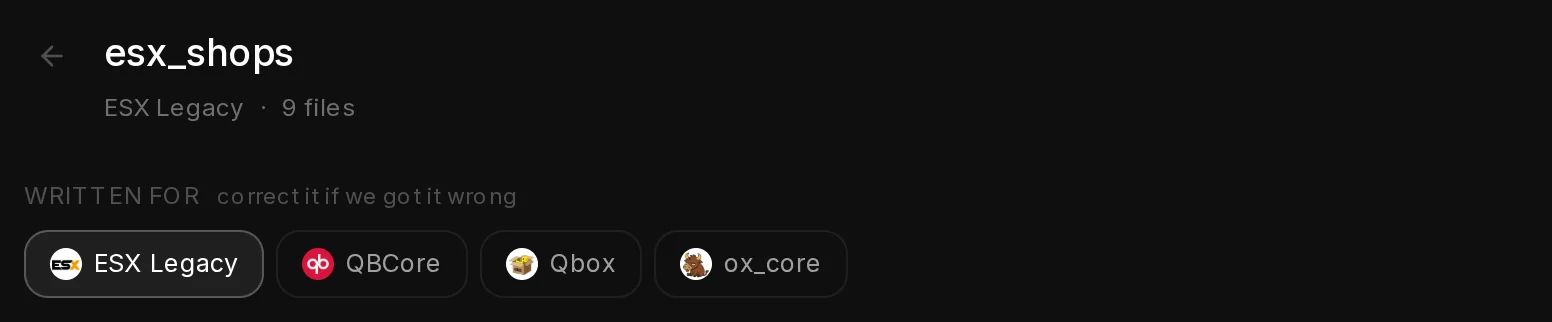 Written for on an uploaded resource: esx_shops read as ESX Legacy, with QBCore, Qbox and ox_core as the other choices.