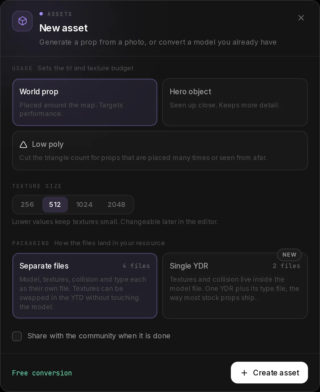 The end of the upload dialog: texture size, packaging, the community checkbox, and Free conversion next to the Create asset button.