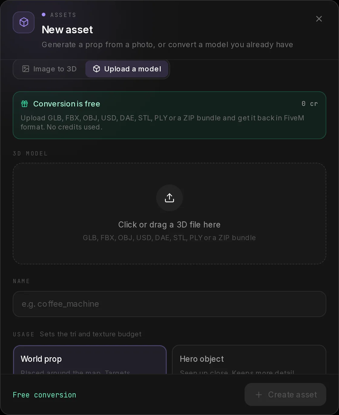 The New asset dialog with Upload a model selected: a note that conversion is free and a drop zone for GLB, FBX, OBJ, USD, DAE, STL, PLY or ZIP files.