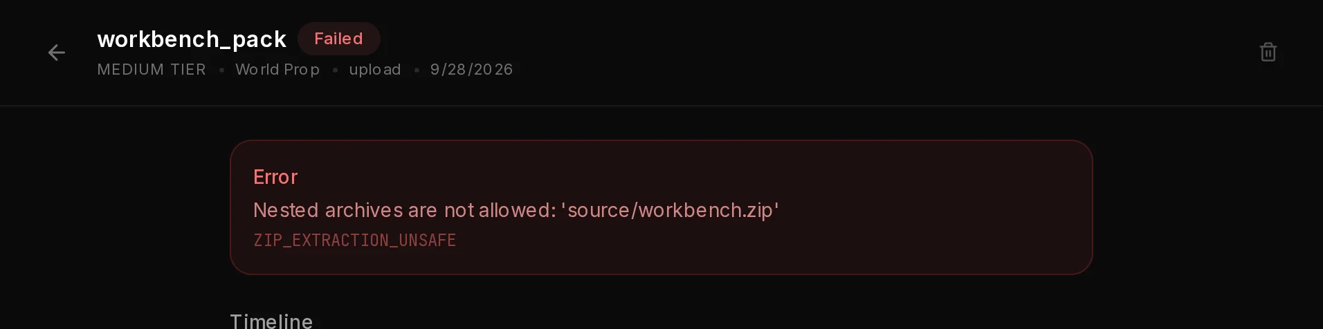 A refused upload: the job page says the conversion failed because the ZIP contains another archive.