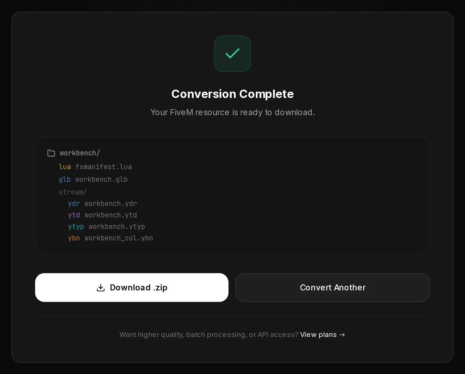 The finished conversion: a file tree of the resource and the Download .zip and Convert Another buttons.