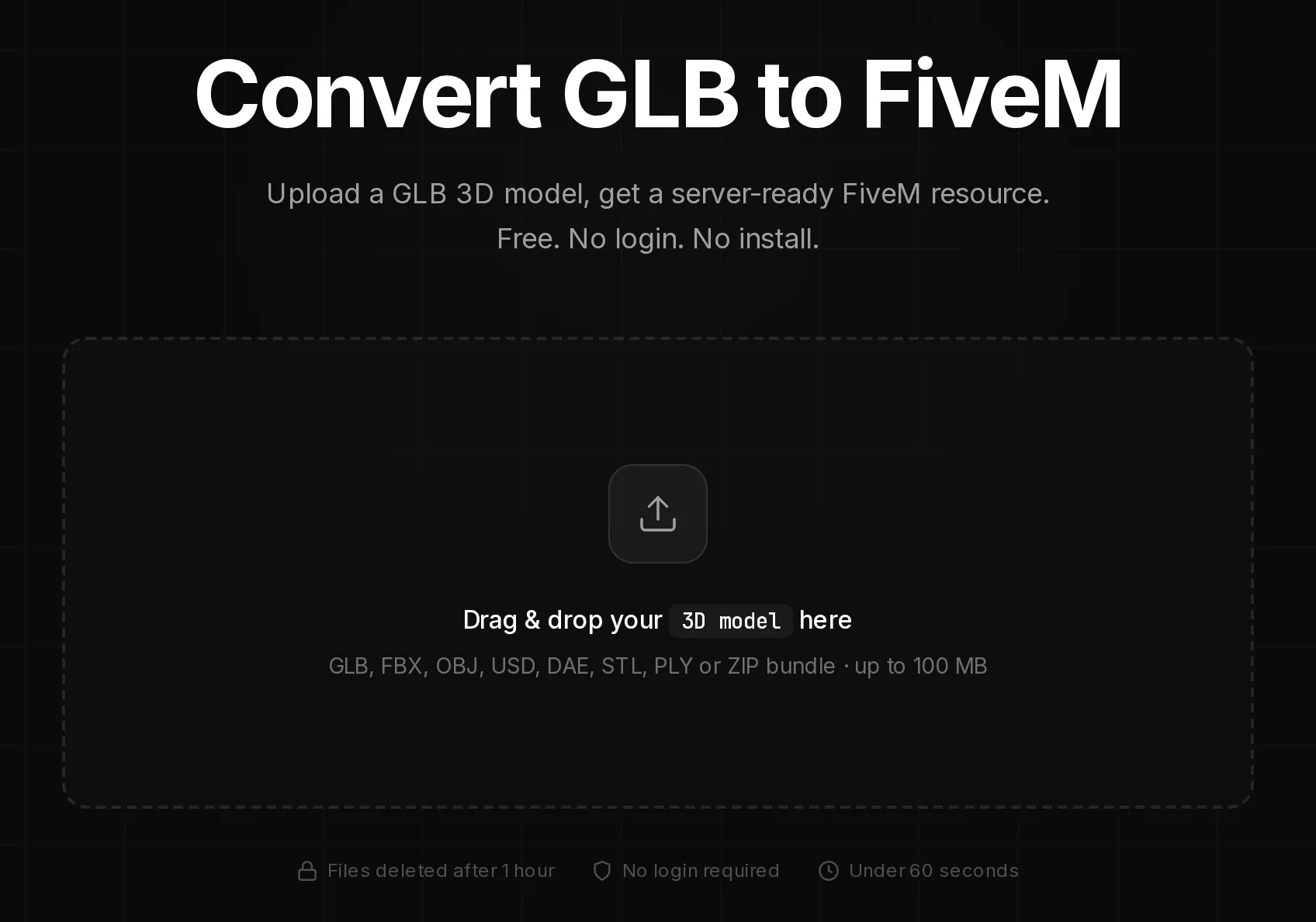 The free GLB to FiveM converter page: the drop zone for a 3D model with the accepted file types below it.
