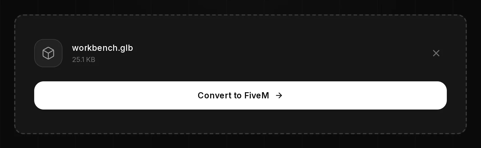 The converter with workbench.glb picked, its file size, and the Convert to FiveM button.