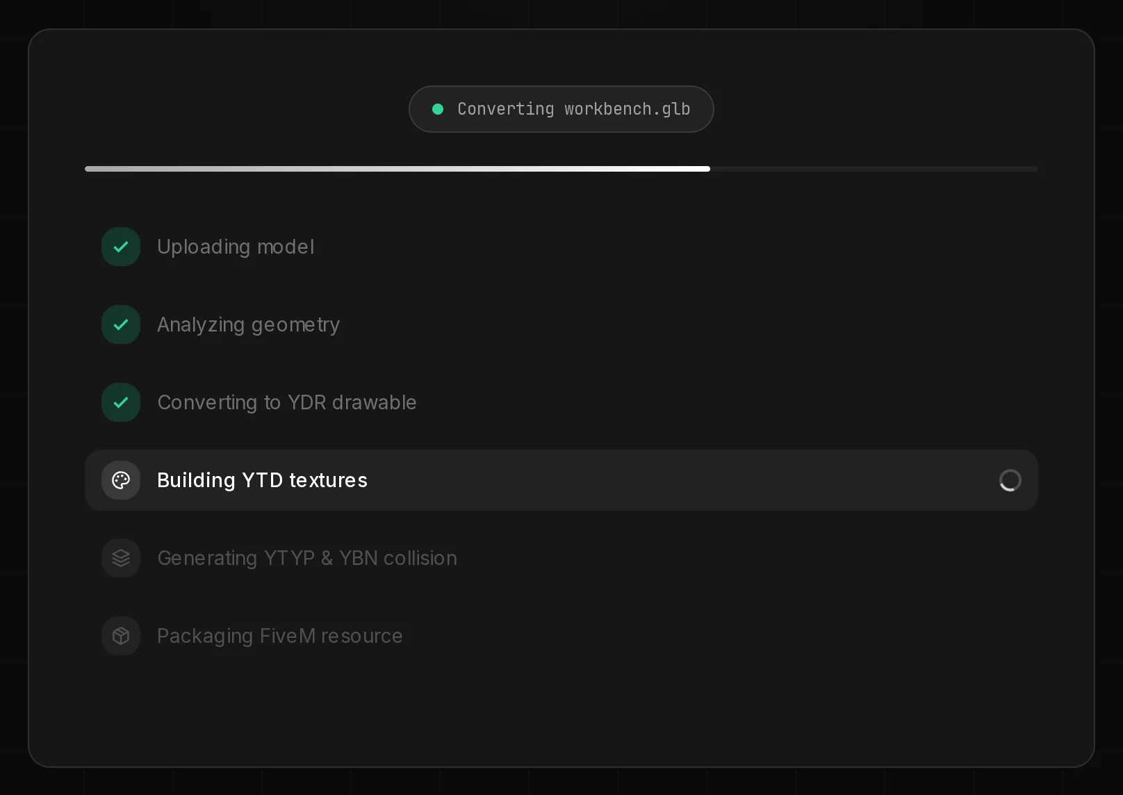 The converter at work: a progress bar and the six conversion steps, from uploading the model to packaging the FiveM resource.