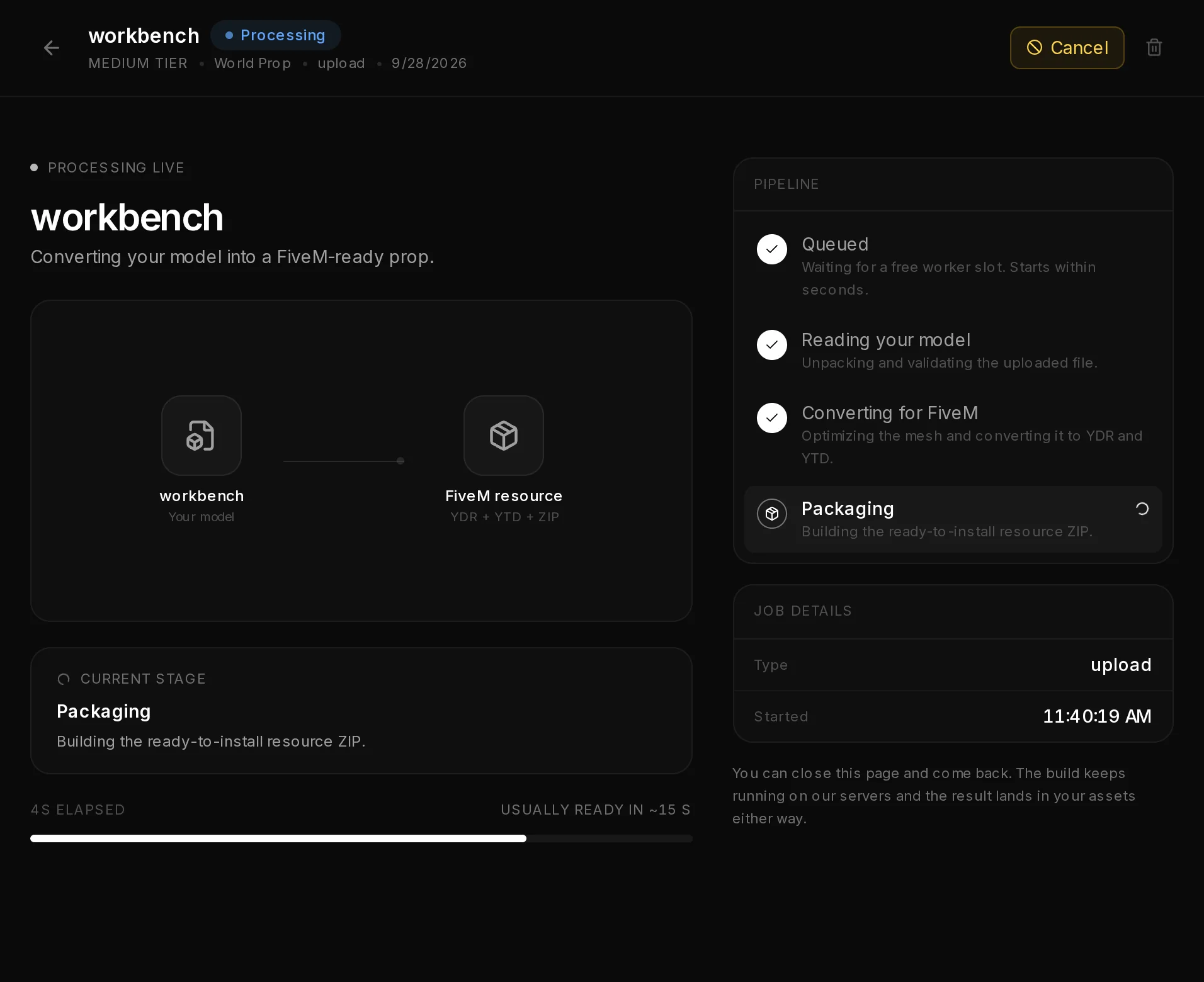 The page of a running conversion of workbench: the steps of the conversion ticking through.