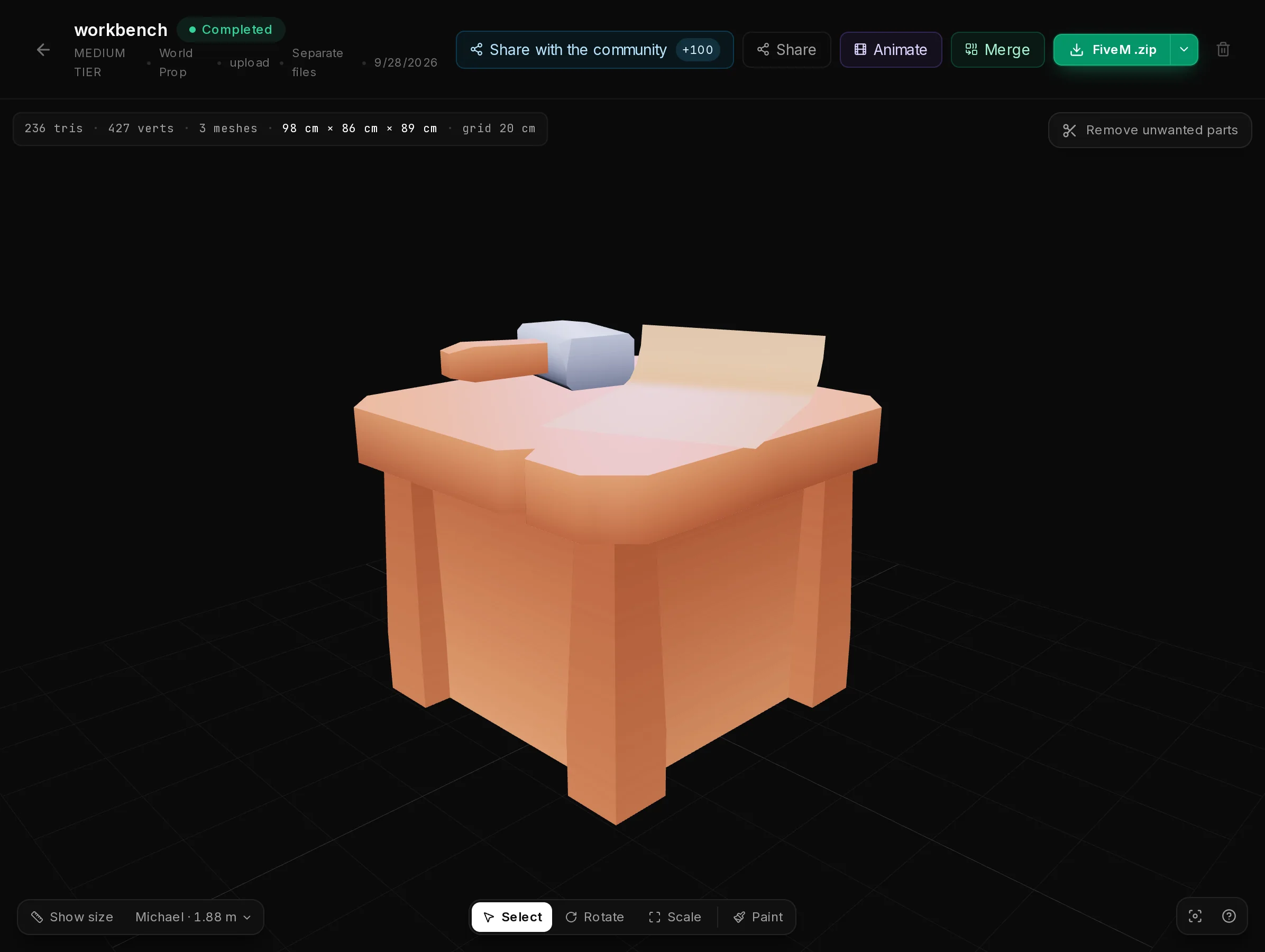 The converted workbench in the 3D editor, with its size and triangle count at the top and the FiveM .zip download at the top right.