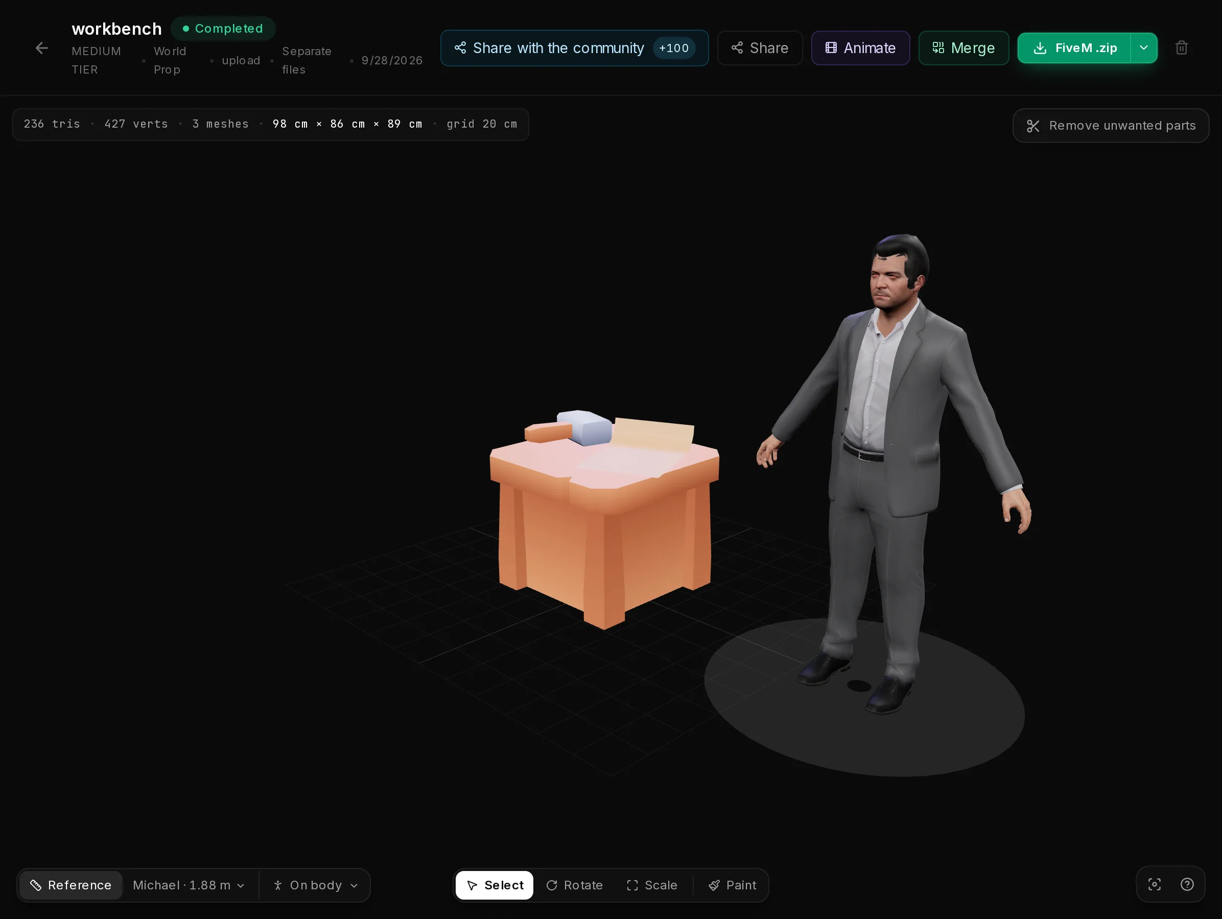 Michael, the GTA V character, standing next to the workbench at real scale; the bar at the top gives its size in centimetres.
