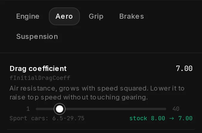 The Aero tab after the change: Drag coefficient 7.00, with stock 8.00 → 7.00.