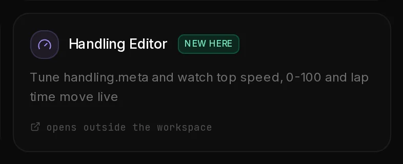 The Handling Editor card on the All tools page: Tune handling.meta and watch top speed, 0-100 and lap time move live.