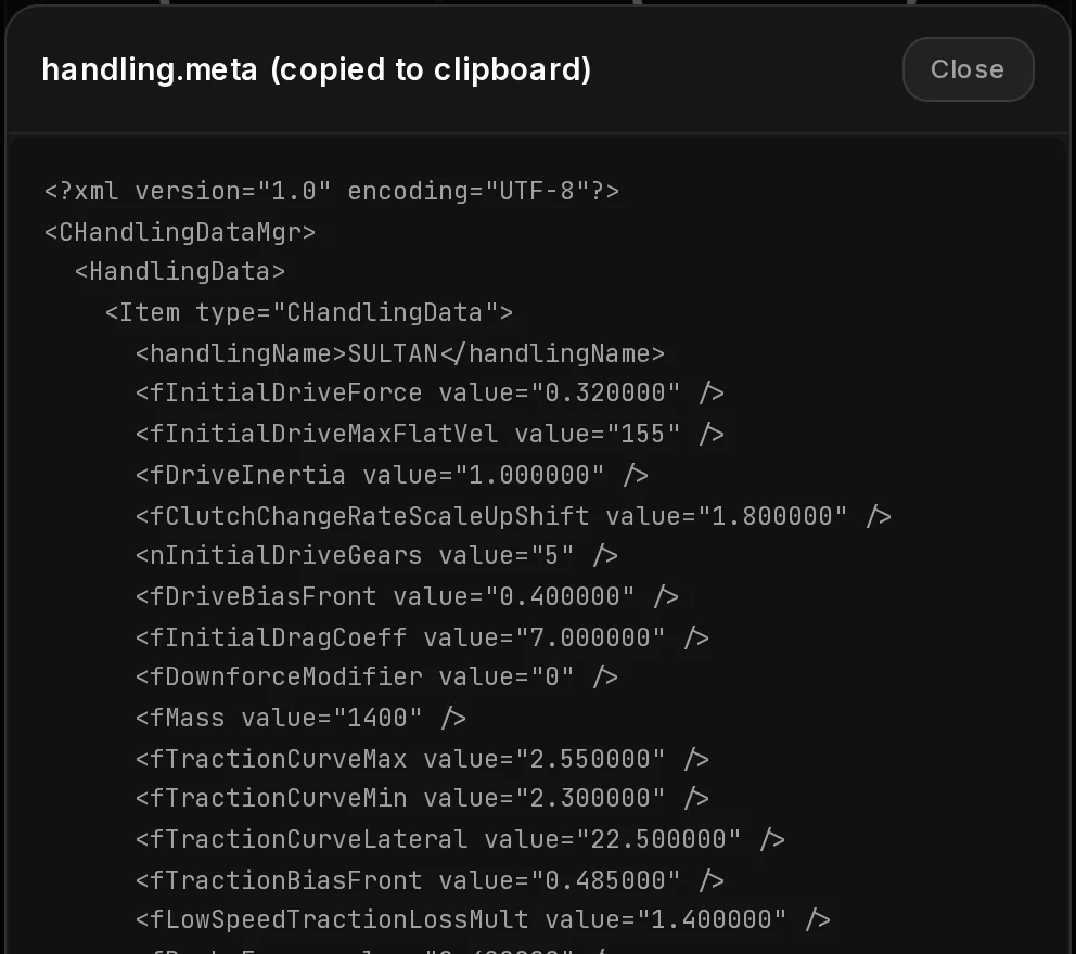 The handling.meta window after Copy handling.meta: the title handling.meta (copied to clipboard), Close, and the head of the XML of the tuned Sultan with fInitialDriveForce 0.320000 and fInitialDriveMaxFlatVel 155.