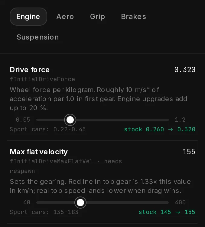 The Engine tab after the change: Drive force 0.320 with stock 0.260 → 0.320, and Max flat velocity 155 marked needs respawn, with stock 145 → 155.