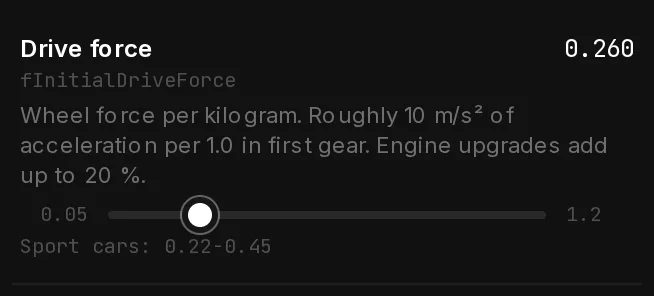 One field of the Handling Editor, Drive force: its name and fInitialDriveForce, the value 0.260, one sentence on what it does, a slider from 0.05 to 1.2, and the range Sport cars use, 0.22-0.45.