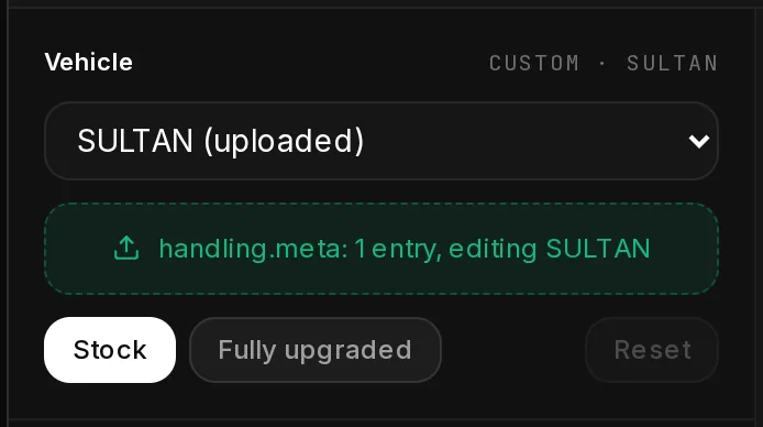 The Vehicle box after a handling.meta with one entry was loaded: the list shows SULTAN (uploaded), the class line reads Custom · SULTAN, and the drop zone turns green with handling.meta: 1 entry, editing SULTAN.