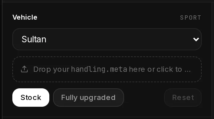 The Vehicle box of the Handling Editor: the car list with Sultan picked and its class Sport, the drop zone for your own handling.meta, and the Stock, Fully upgraded and Reset buttons.