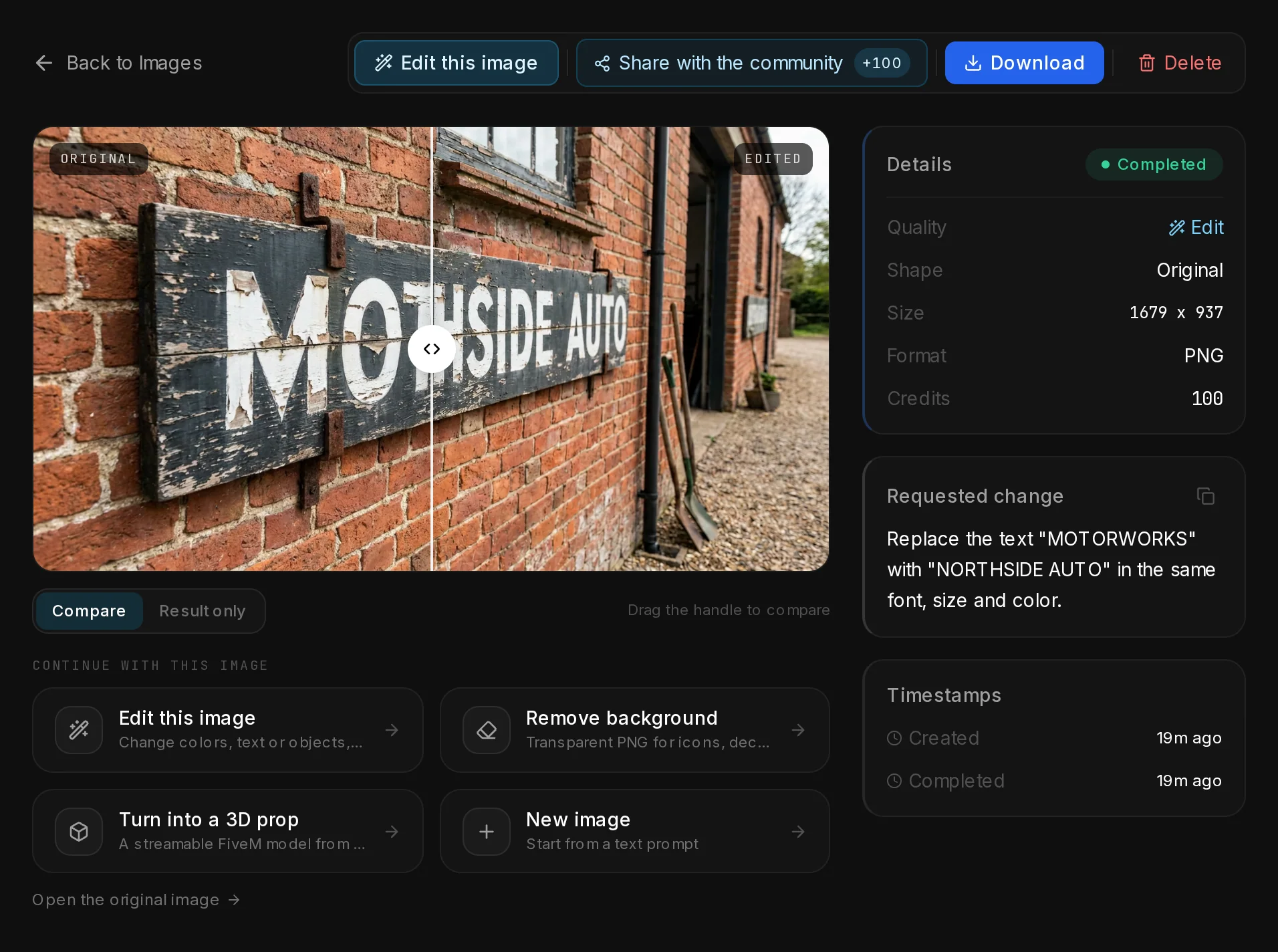 An edited garage sign on its result page, split by a handle: the original MOTORWORKS lettering on one side, NORTHSIDE AUTO on the other.