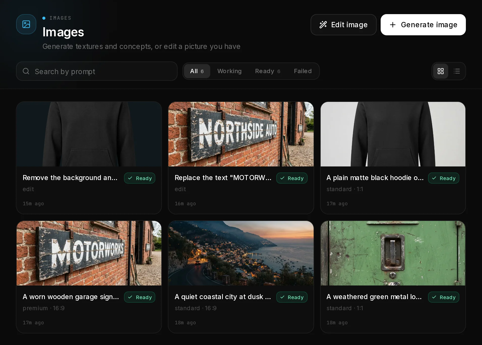 The Images page with a grid of generated and edited images, the Edit image and Generate image buttons, search and status filters.