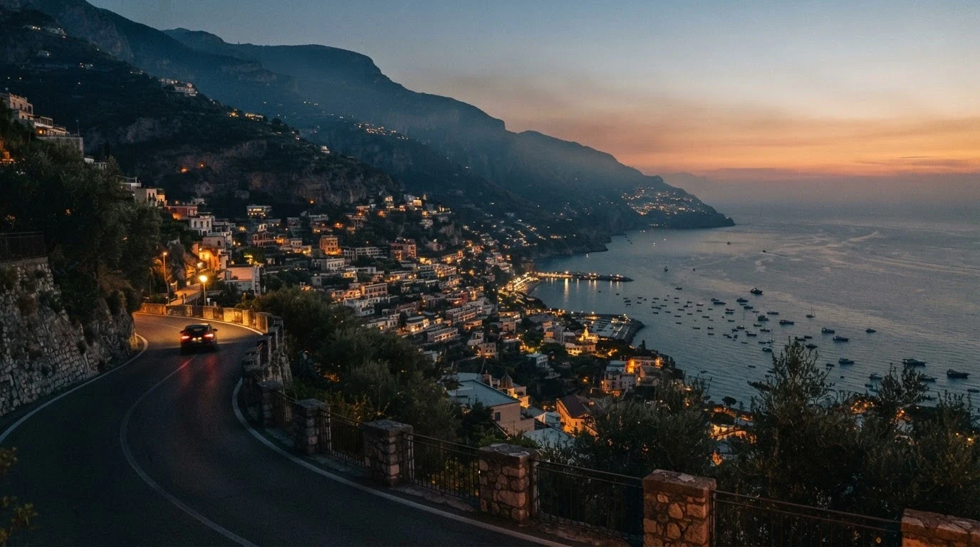 A generated 16:9 image of a coastal city at dusk from a hillside road, usable as a loading screen background.