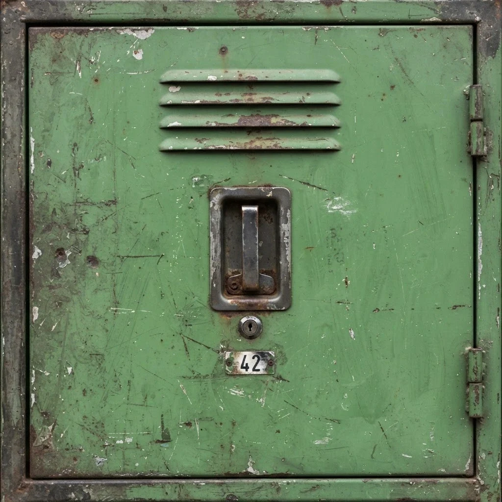 A generated square texture of a weathered green metal locker door, seen front on.