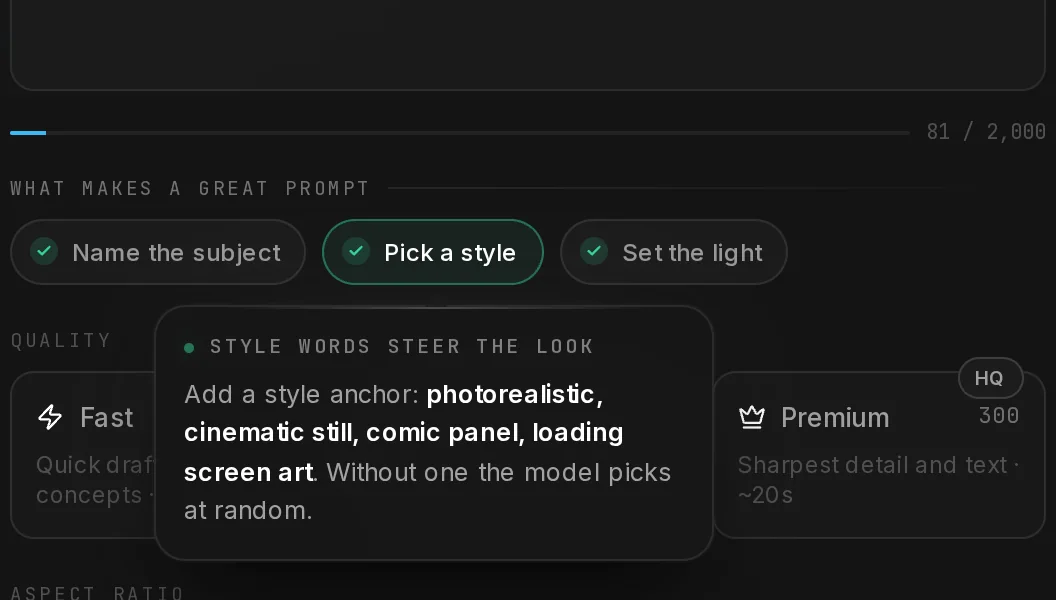 The prompt checklist under the prompt field with the tip for Pick a style open: add a style anchor such as photorealistic or loading screen art.