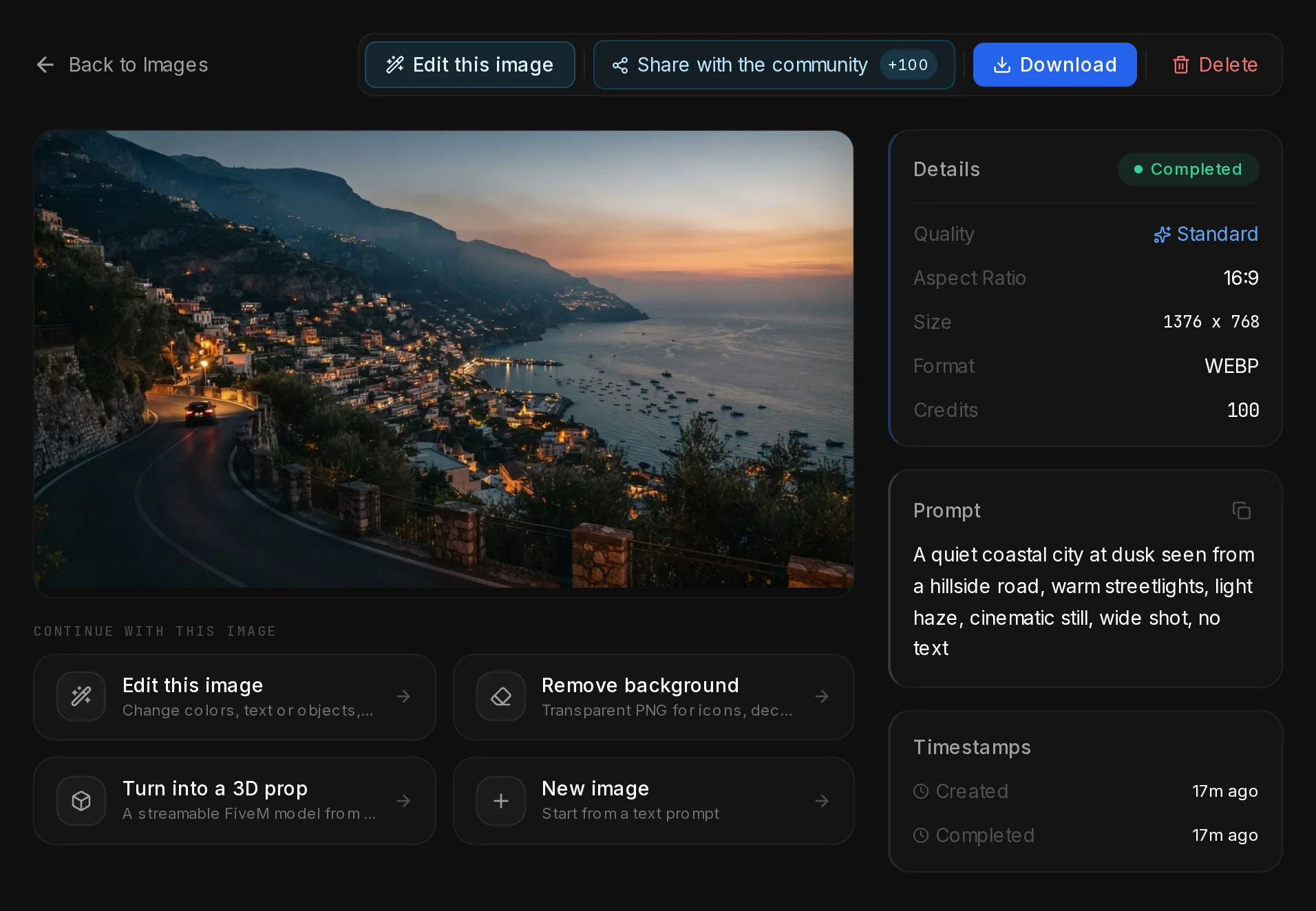 The result page of a generated 16:9 image of a coastal city at dusk, with Edit this image, Share, Download and Delete at the top and the details on the right.