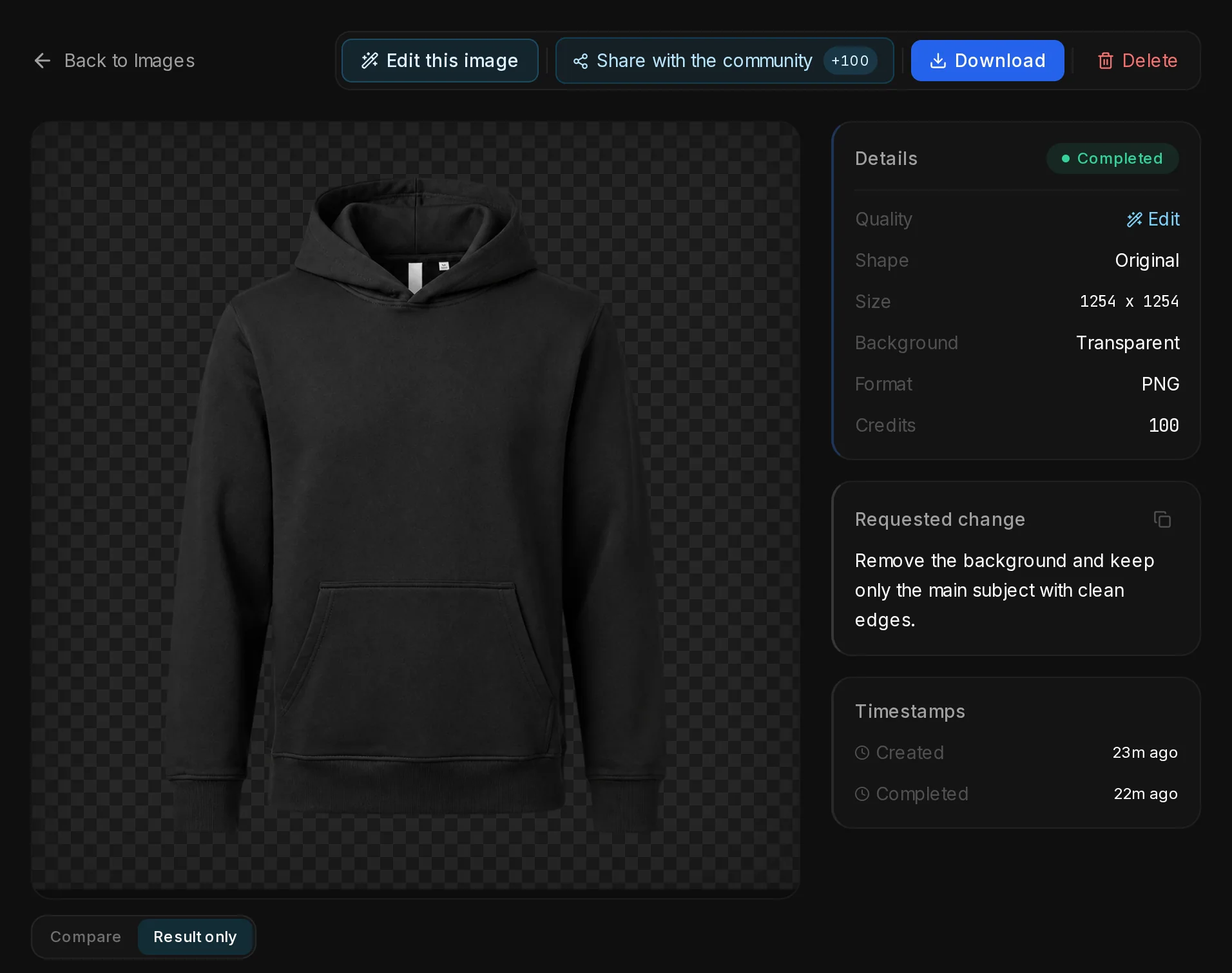 A black hoodie cut out on a transparent background, shown on a checkerboard, with Background: Transparent and Format: PNG in the details.