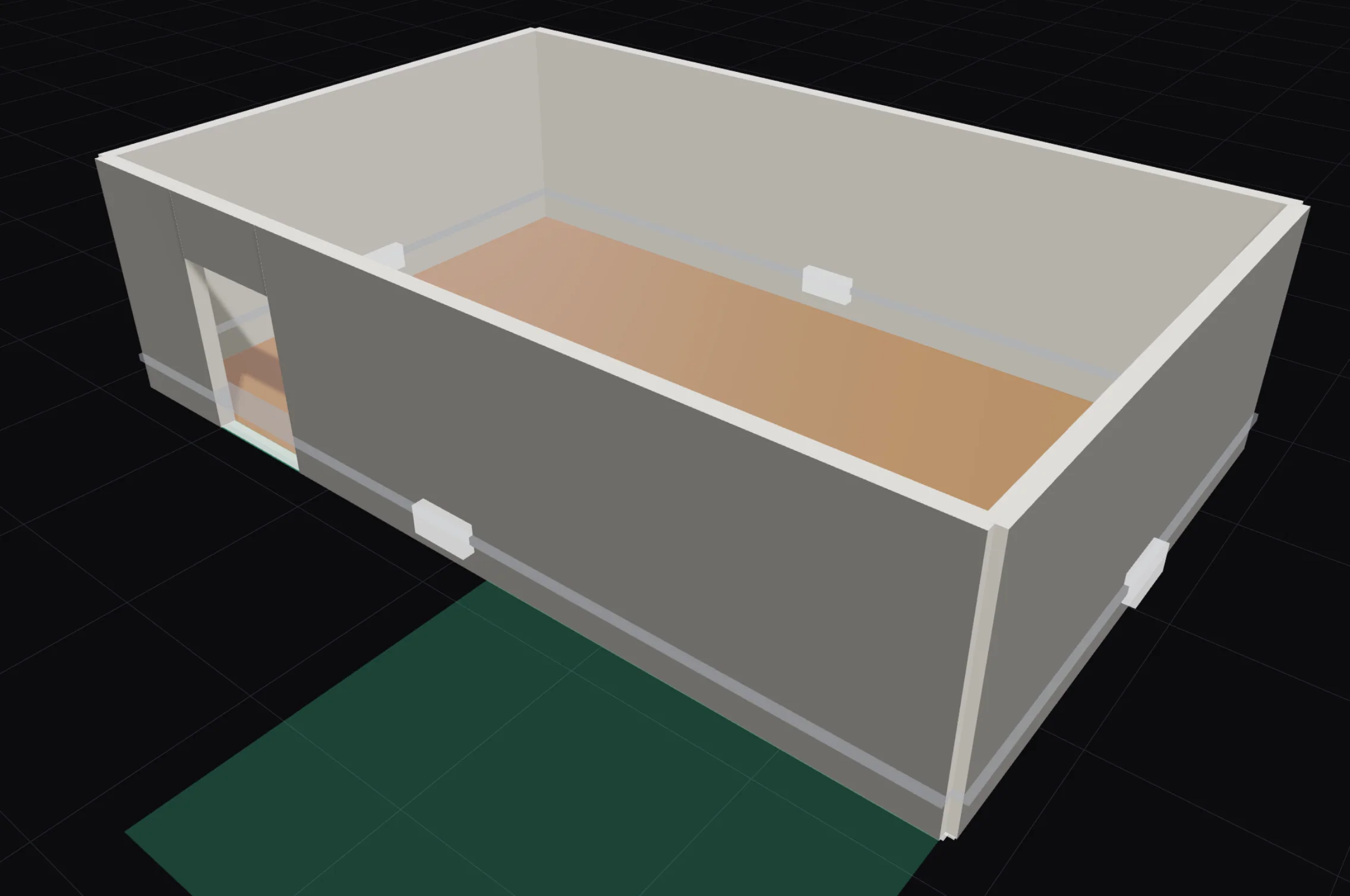 Adding a room in the 3D view: a green ghost of the new room against the south wall of the cafe, which means it can attach there.