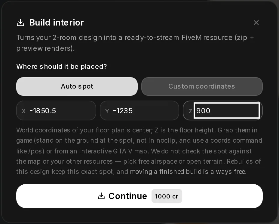 The Build interior dialog with Custom coordinates: X, Y and Z fields and a note that Z is the floor height and that the spot is not checked against the map.