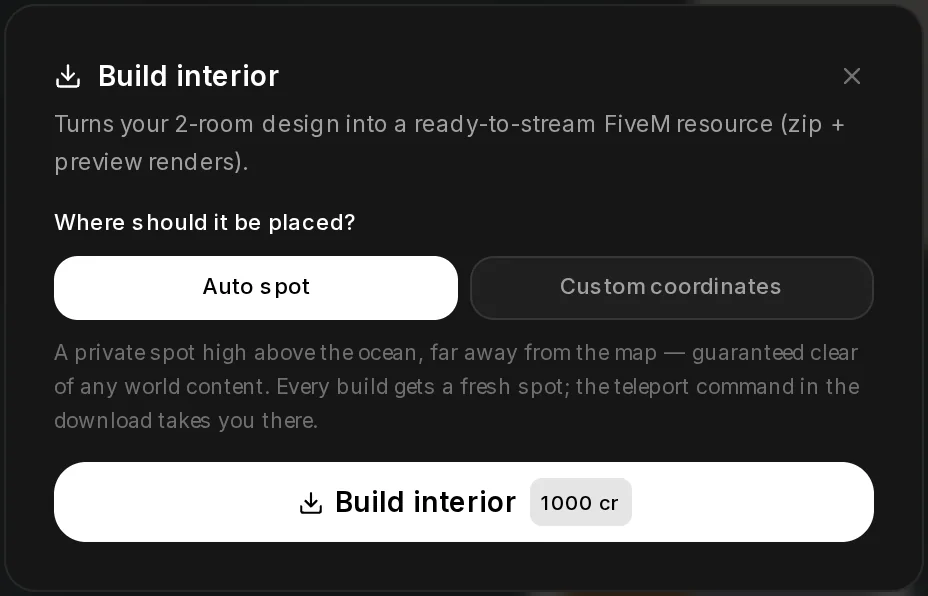 The Build interior dialog for the 2-room design: Where should it be placed? with Auto spot selected, a note on what the auto spot is, and the Build interior button with the price.