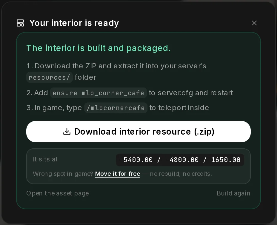 The dialog of the finished build: the three install steps with ensure mlo_corner_cafe and the teleport command, Download interior resource (.zip), where it sits and Move it for free.