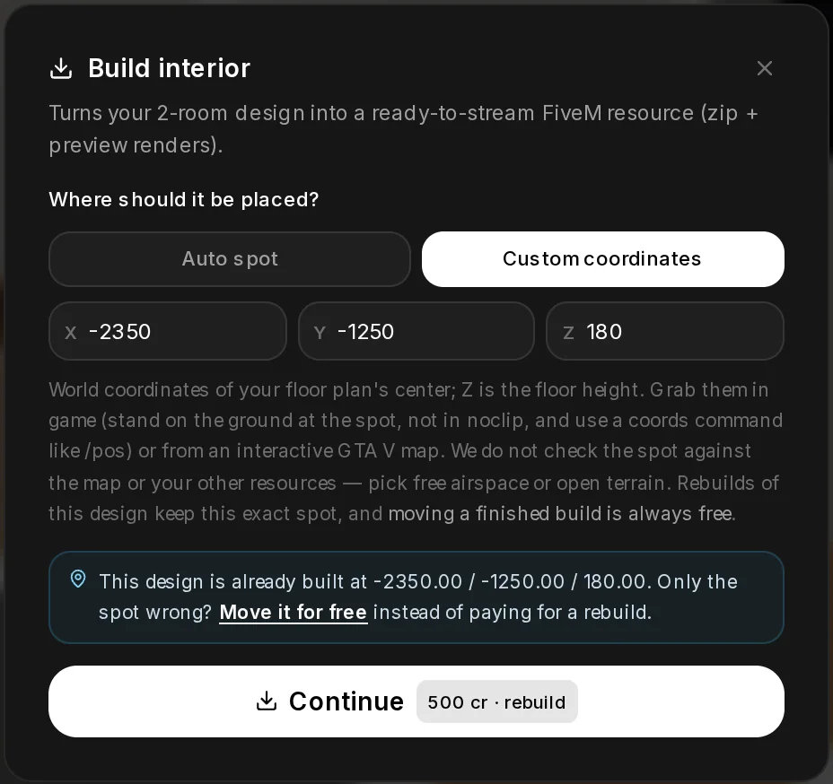 The Build interior dialog of a design that is already built: a note that it is built at an auto spot with Move it for free, and the button with the rebuild price.