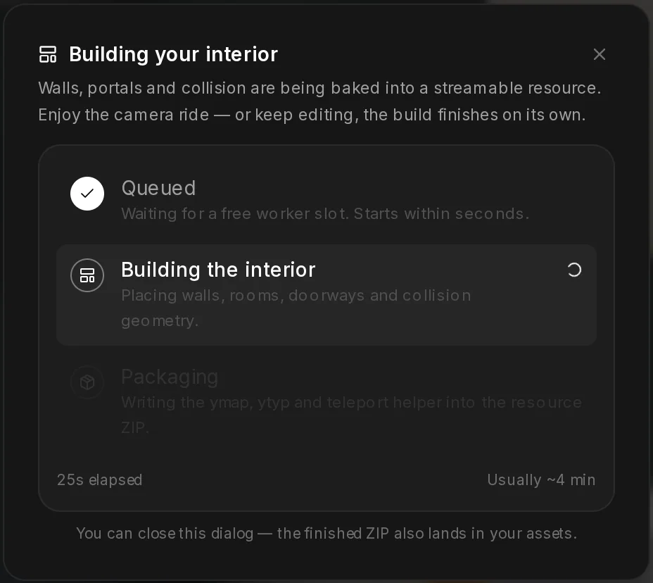 The build dialog while the interior builds: the stages Queued, Building the interior and Packaging, with a note that you can close the dialog.